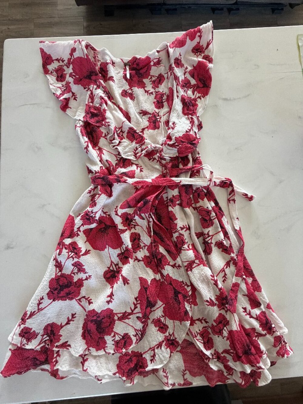 Free People Floral Wrap Mini Dress Medium White Pink Ruffle Boho - Picture 2 of 9